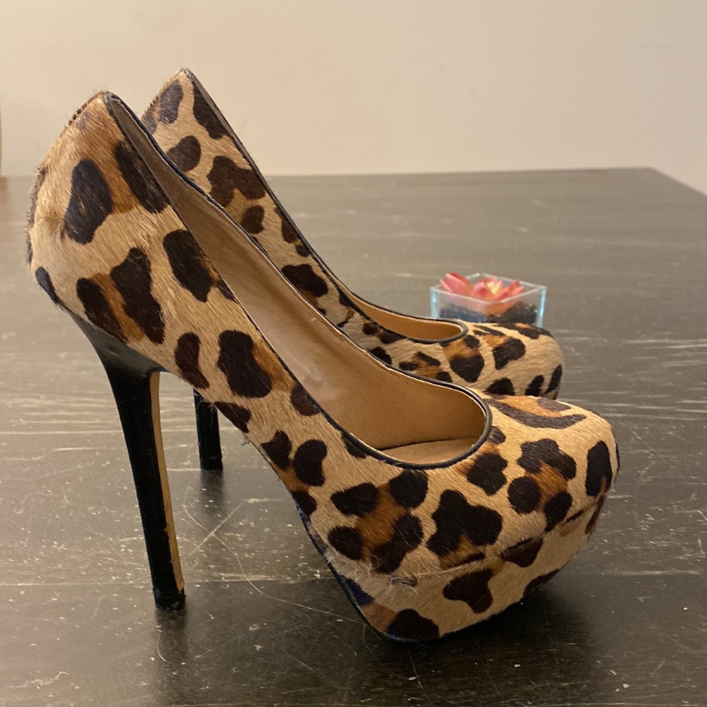 STEVE MADDEN | Bevv Leopard print fur leather platform stilettos heels women 6